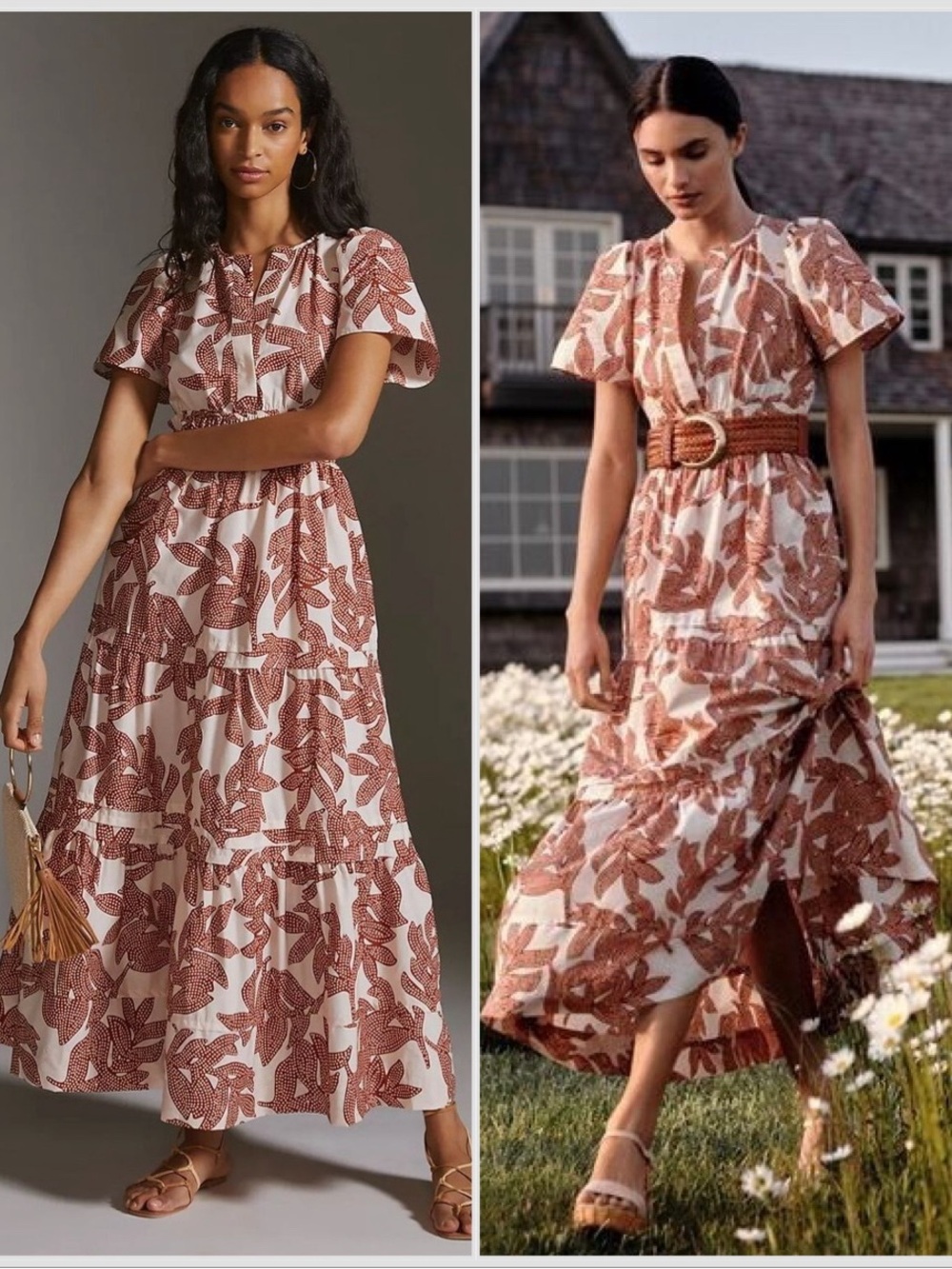 Anthropologie Somerset Maxi Beige Neutral Dotted Floral Cotton Tiered Dress Sz S